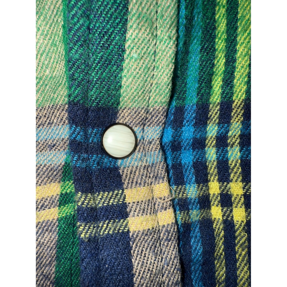 PASHARTUK Mens Large Plaid Long Sleeve Snap Front Western Shirt Green Blue Tan - Picture 7 of 10